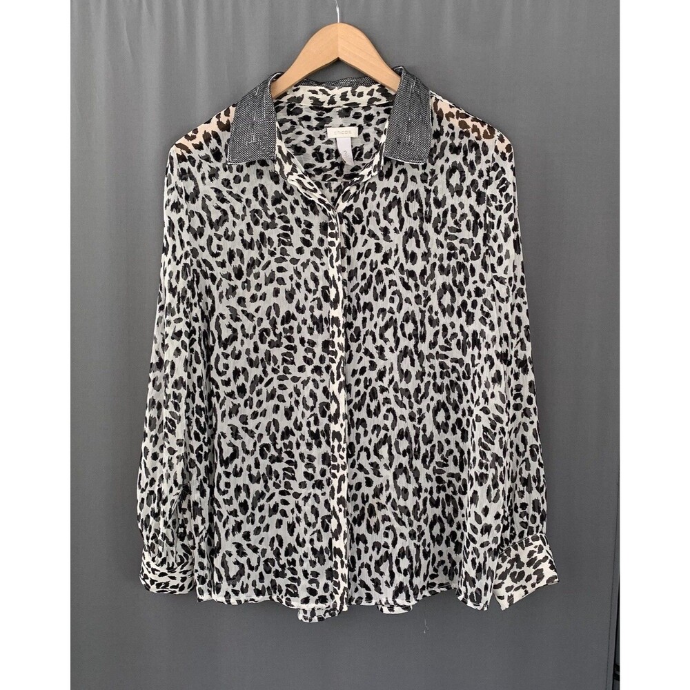 Chicos Chiffon Button Up Blouse Large Sheer Leopard Cheetah Mob Wife Glam Chic - Picture 4 of 16
